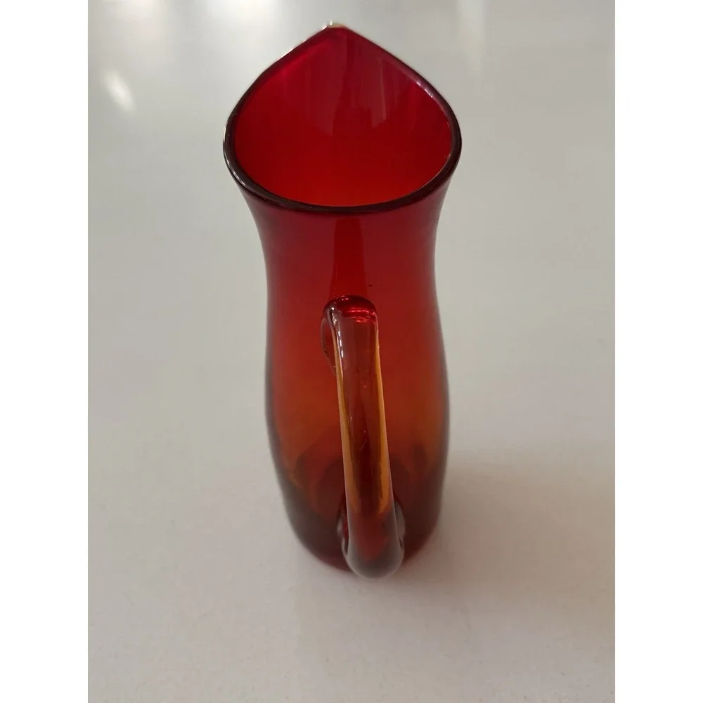 Vintage Small Amberina Glass Hand Blown Glowing‎ Pitcher with Orange Handle 7.5